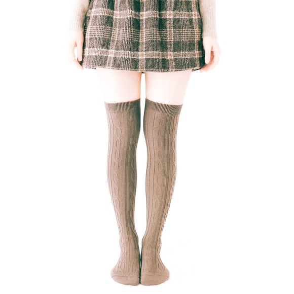 Taupe Beige Cable Knit Over The Knee Socks Cozy Winter Boot Stockings - Picture 3 of 4